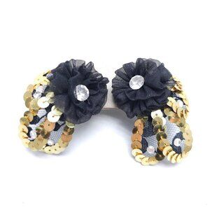 Vintage 1980s Black Mesh Gold Sequin Clip-On Earrings With Rhinestone Accents